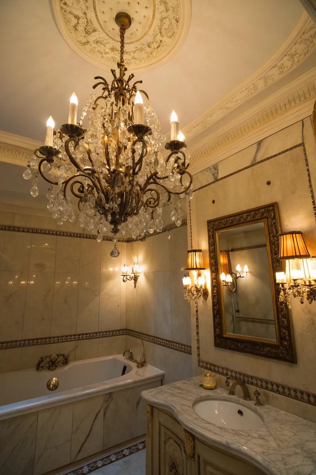 An ornate chandelier enhances the sophistication of the bathroom.