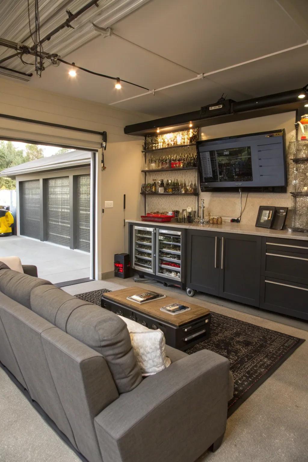 An entertainment hub in the garage with cozy seating and a mini refreshment station.