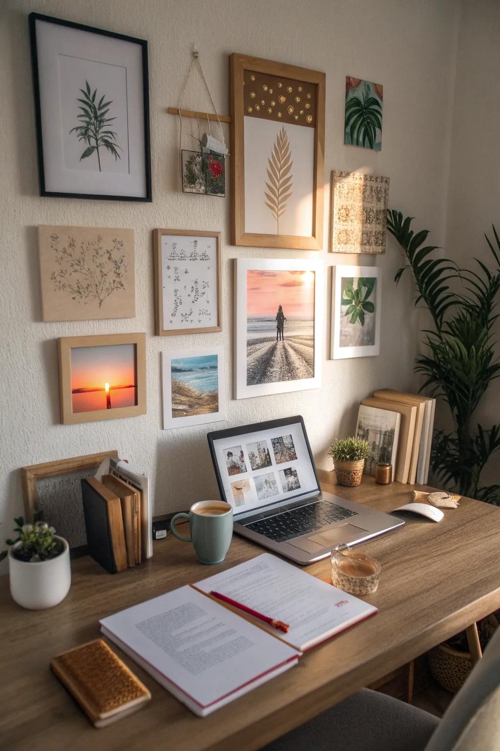 Framed art and inspirational quotes adding to the desk's appeal.