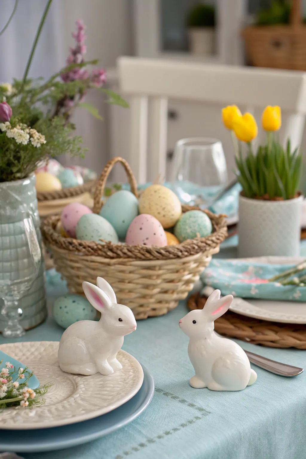 Bunny figures bring a playful appeal to the Easter décor.