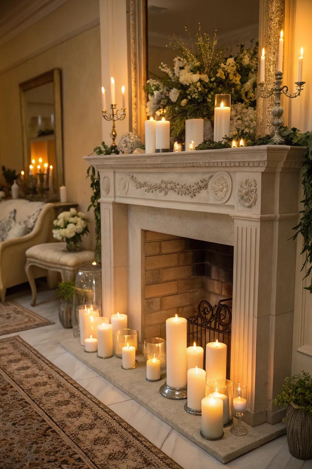 An artificial fireplace radiating with the warmth of many pillar candles.