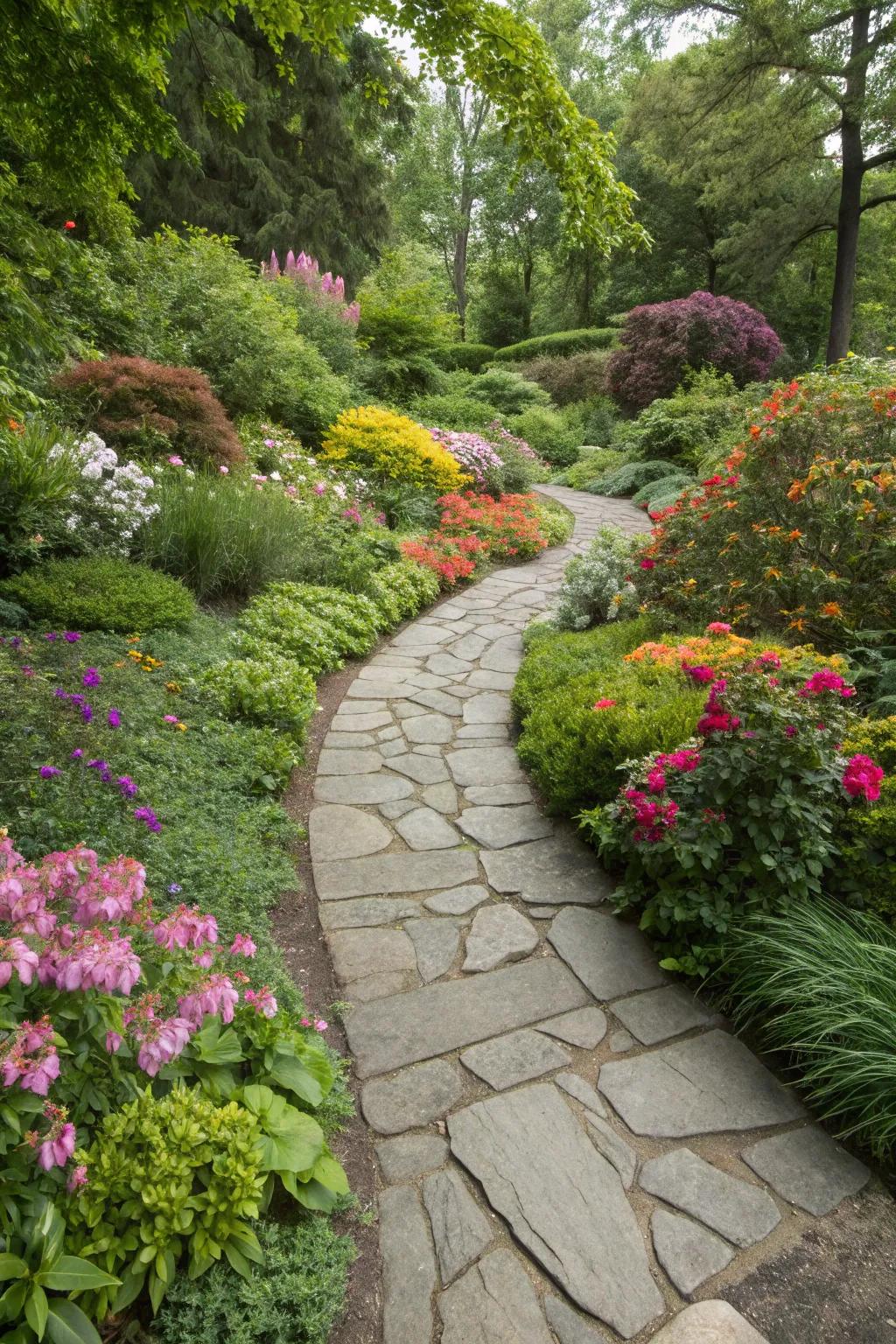 A slate path perfectly incorporated into a lively garden setting.