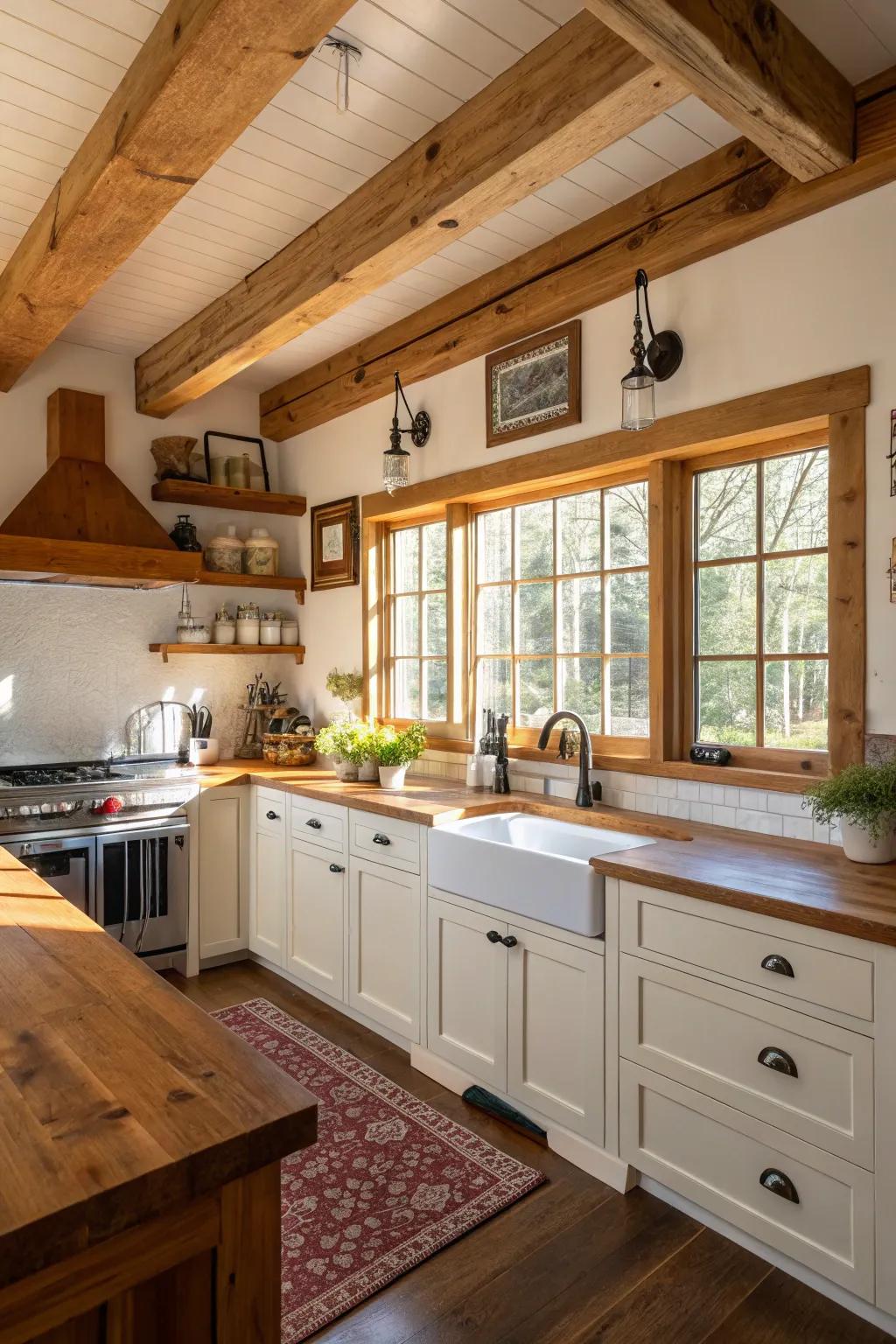 Natural wood features adding warmth to a green-themed kitchen space.