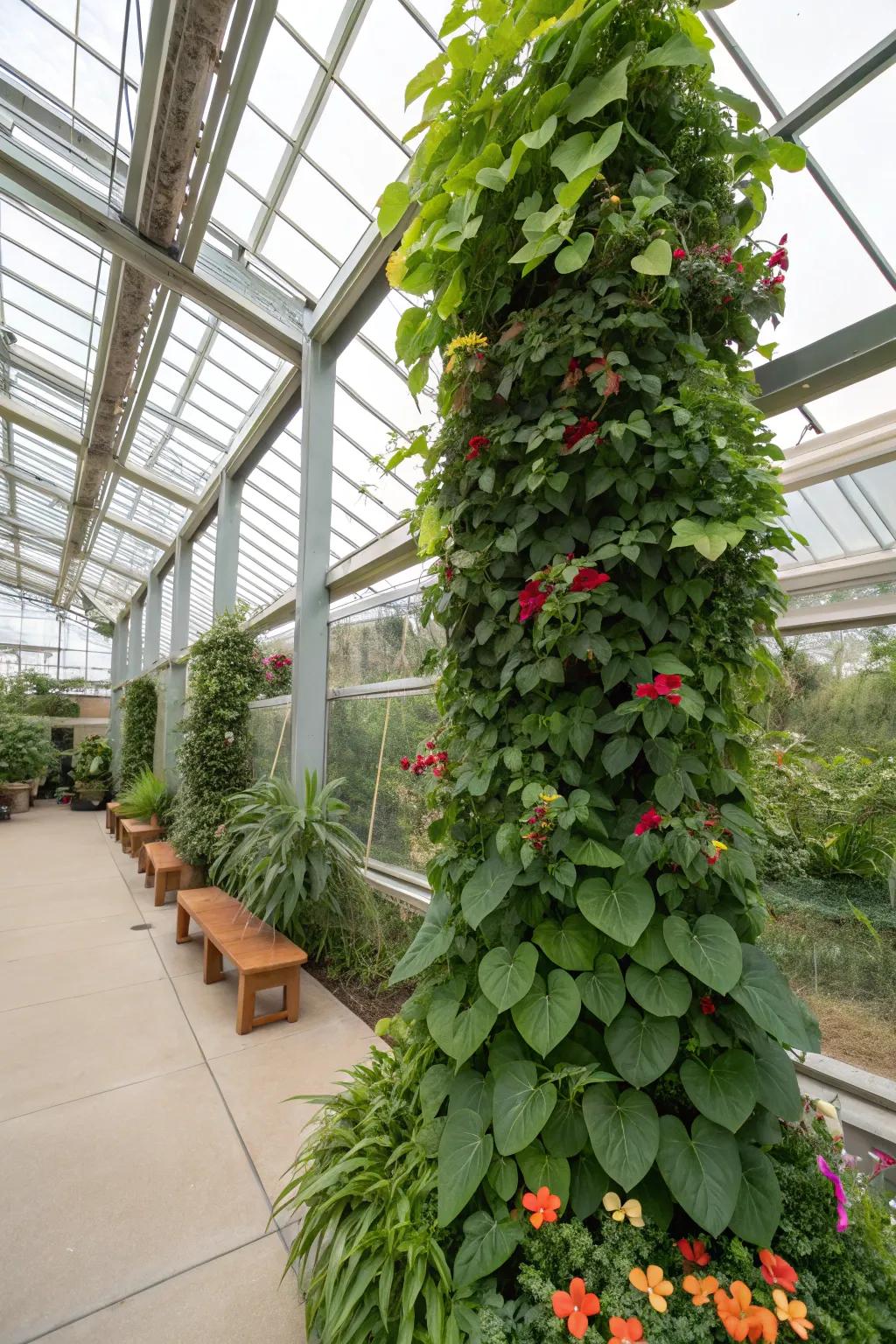 Standing planting inside a greenhouse, producing a verdant, living wall.