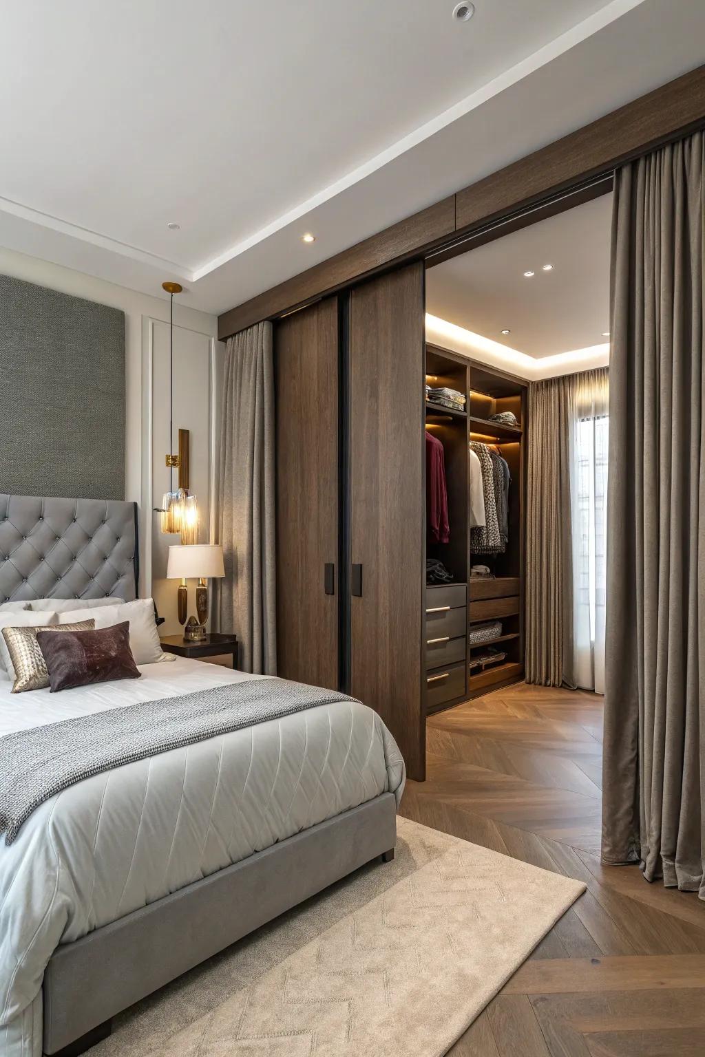 An elegant bedroom showcasing a secret door that accesses a closet.
