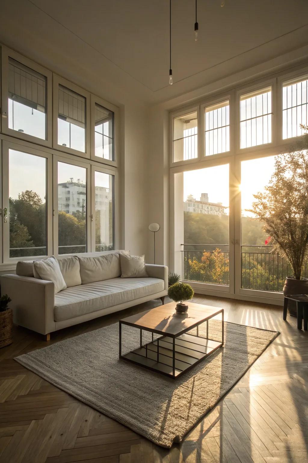 A bright living area with full-length windows that fill the room with sunlight.