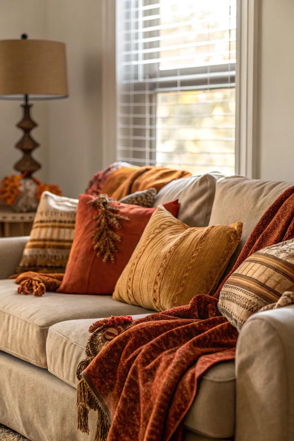 Lavish throws and pillows bring comfort and warmth to this comfortable autumn living area.