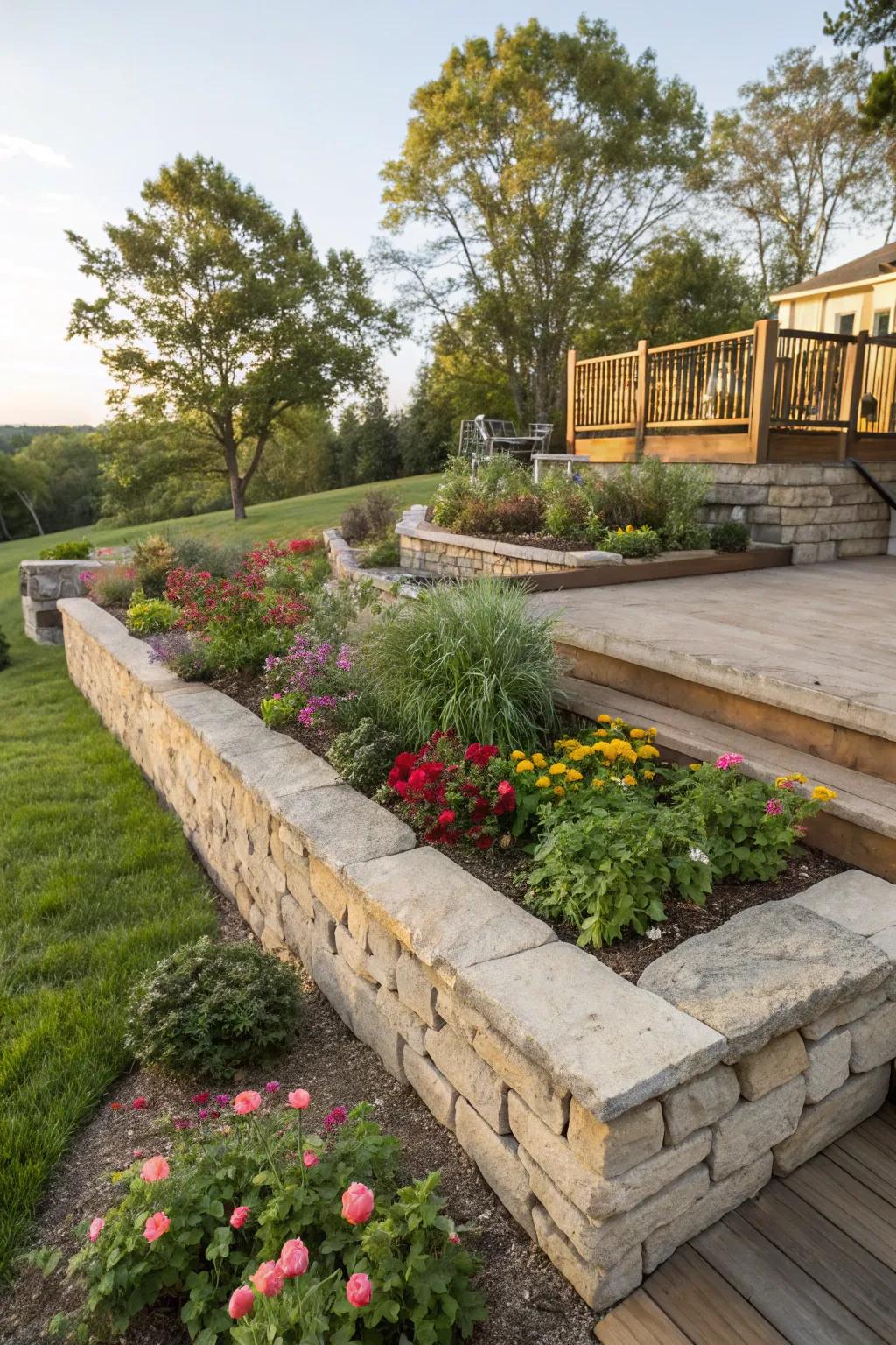 Garden beds featuring stone borders around an elevated deck.