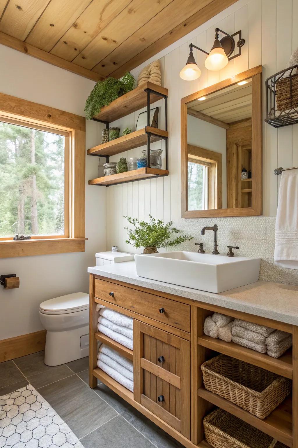 Wooden shelves that add a warm, textured touch to the bathroom.