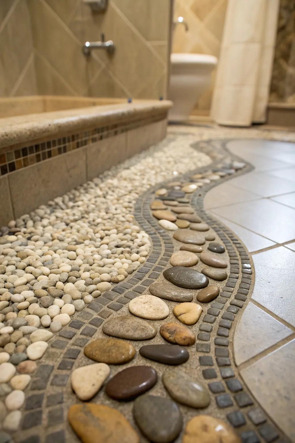 A shower floor styled with stone tiles, conjuring a natural, tranquil atmosphere.