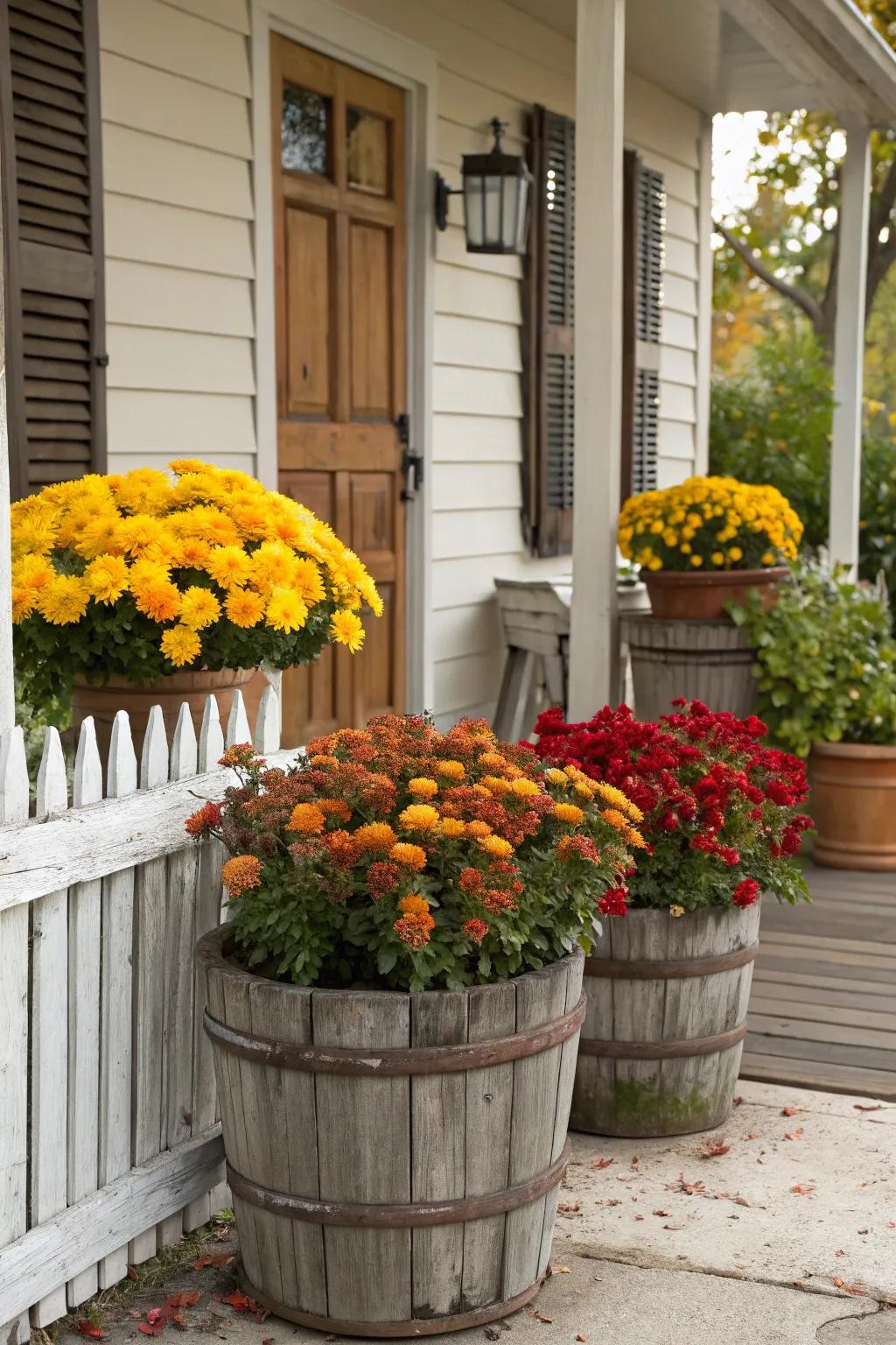 Peak flowers in countryside pots add a splash of fall color.