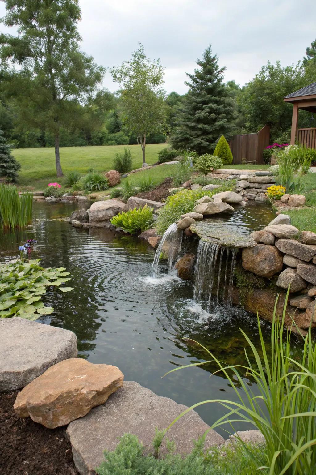 A pond enriched by a captivating waterfall element.