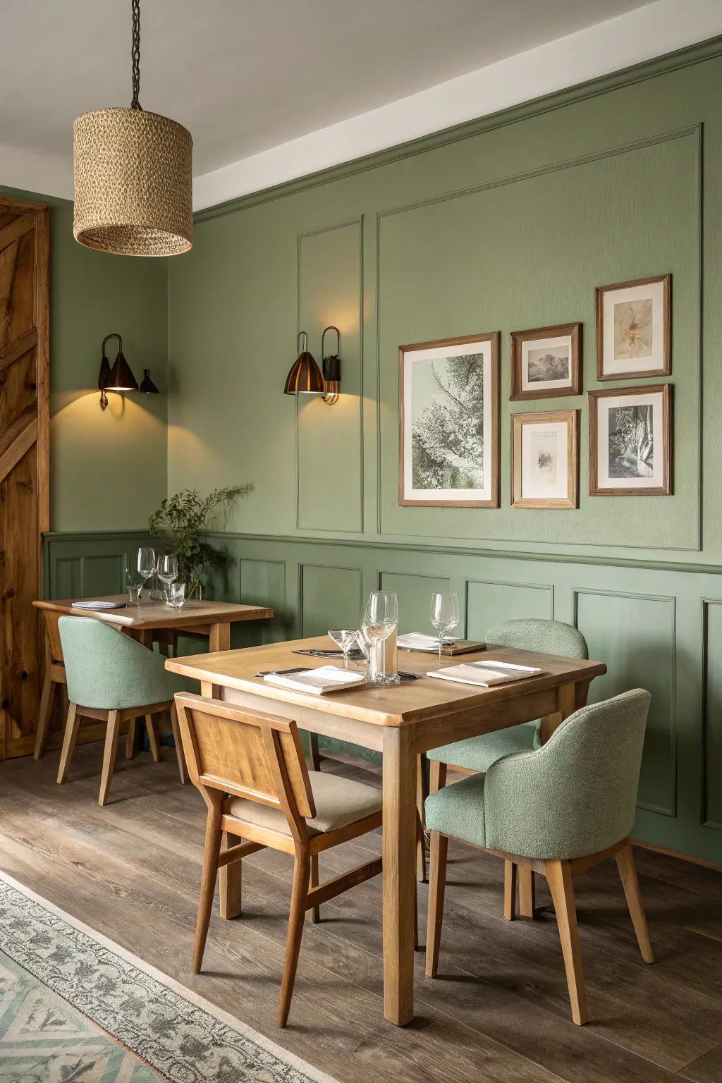 A dining area presenting the unified blend of sage green and natural timber.