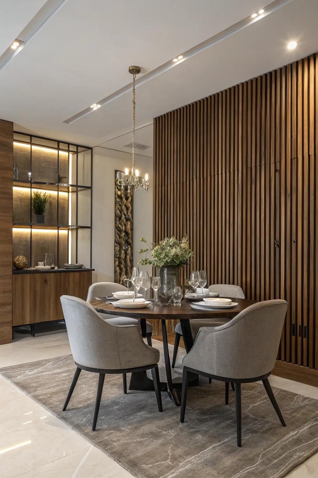A dining space featuring a plank wall establishes a refined and welcoming ambiance.