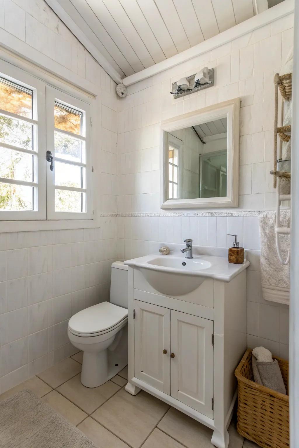 A white and neutral palette can visually enlarge a small bathroom.