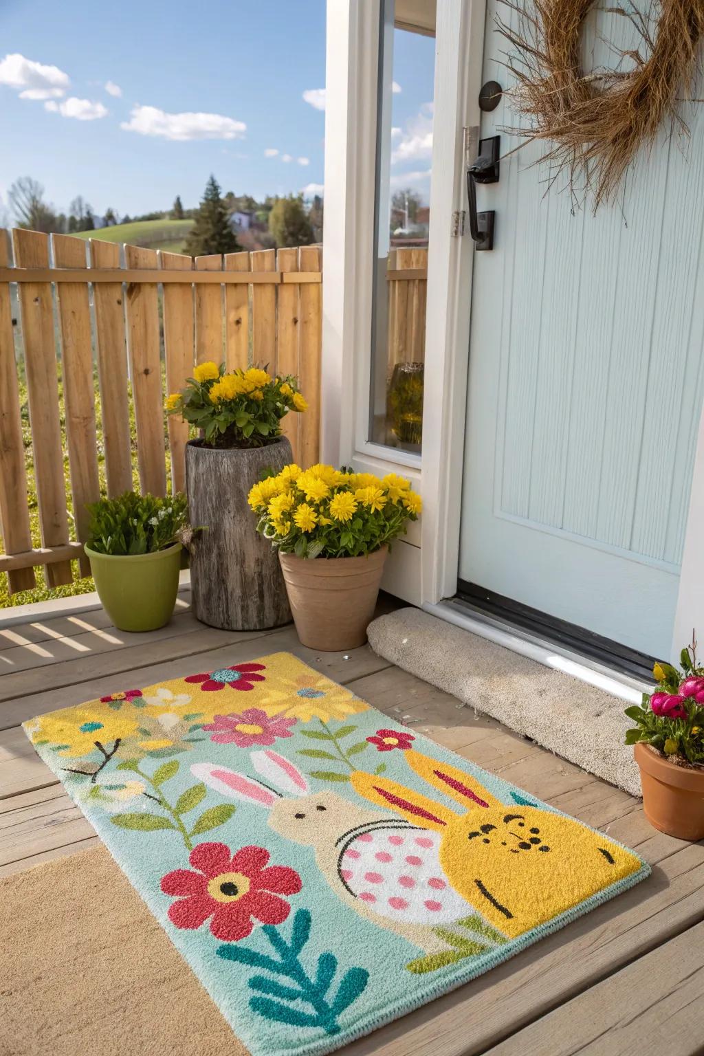 A playful doormat adds a welcoming touch to your porch, perfect for spring.