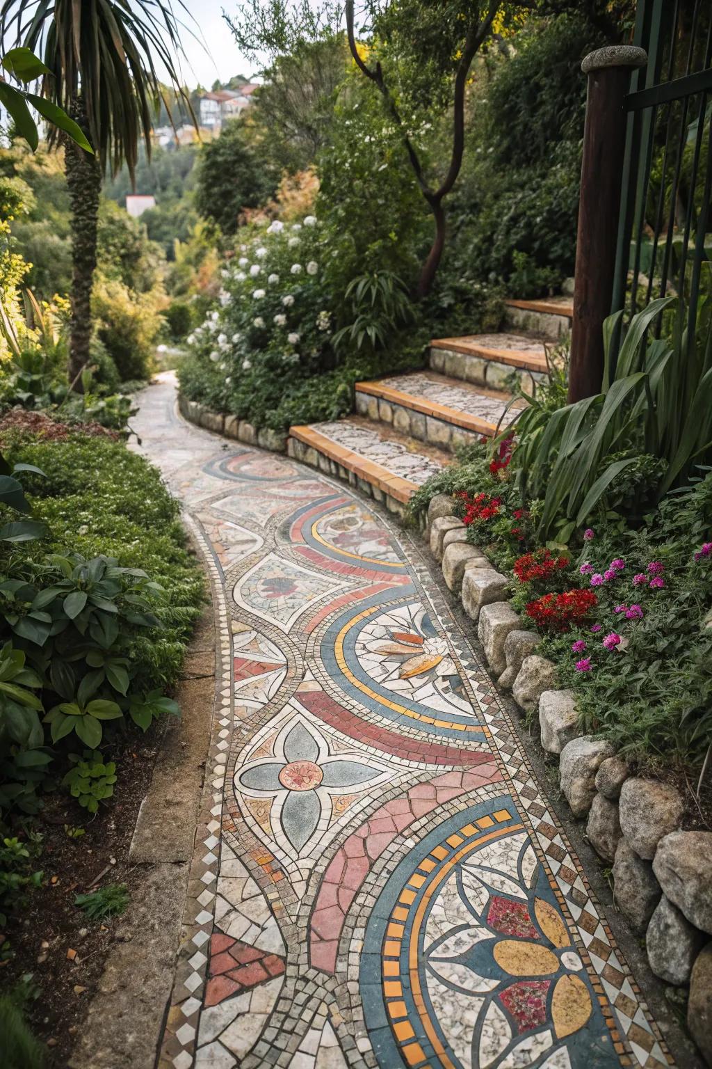 An inlaid stone path imparts lively artistry to your outdoor setting.