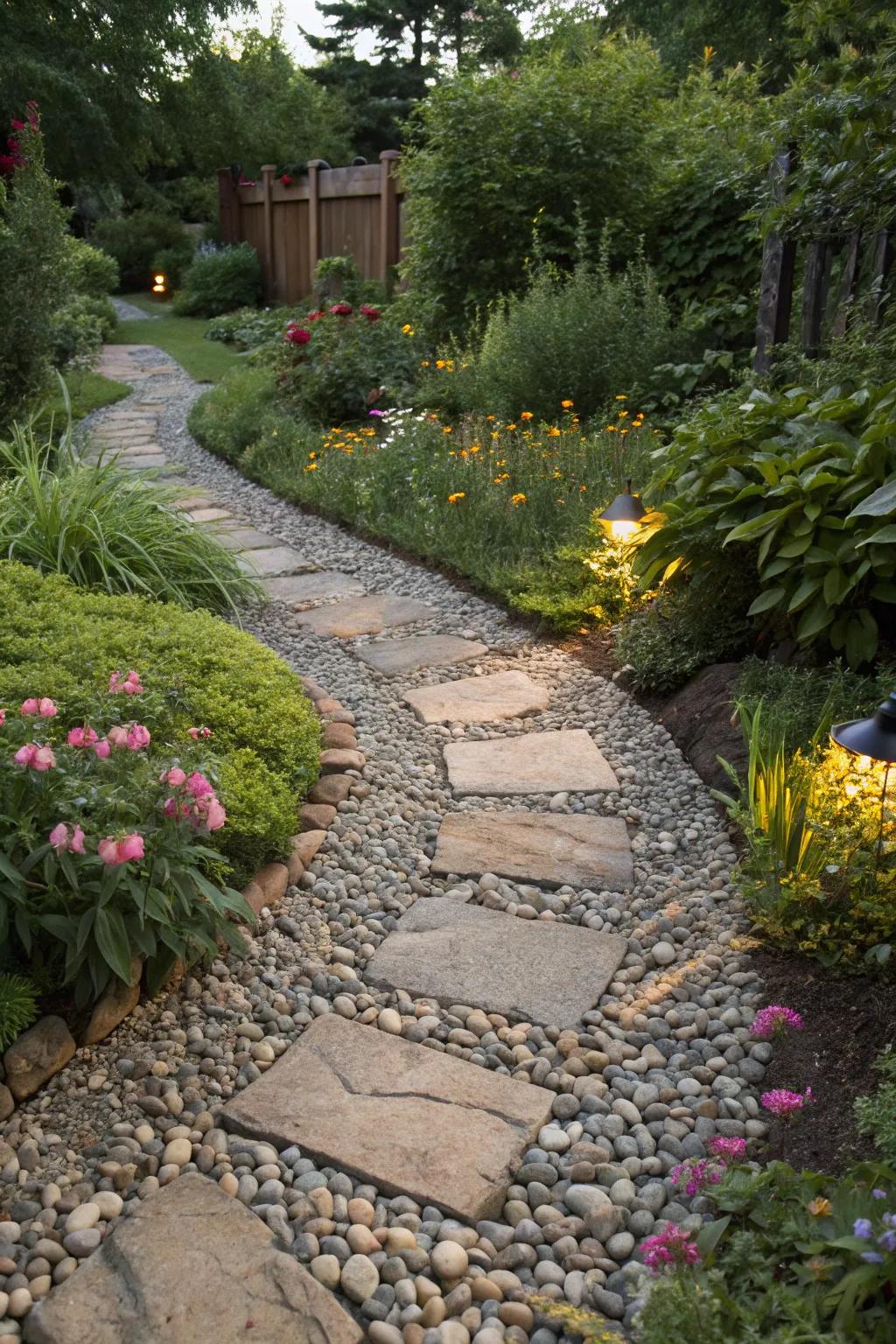 Different materials such as gravel and stone enrich your walkway with texture.