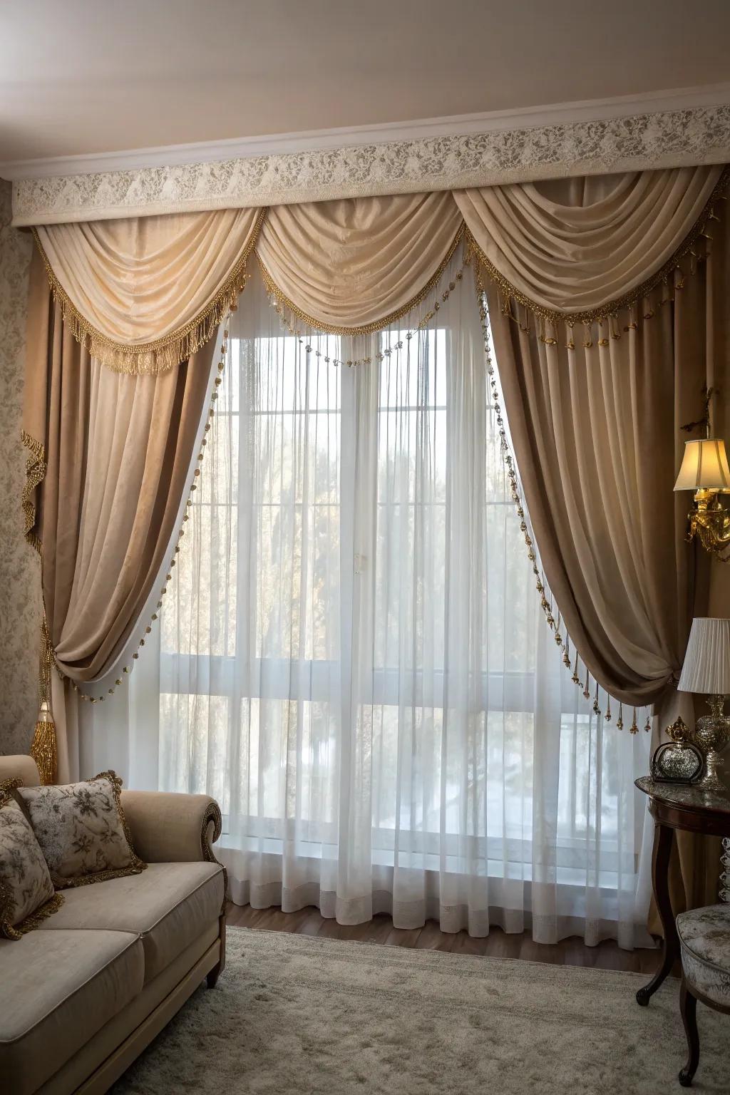 For a sumptuous effect, layer valances with sheer drapes.