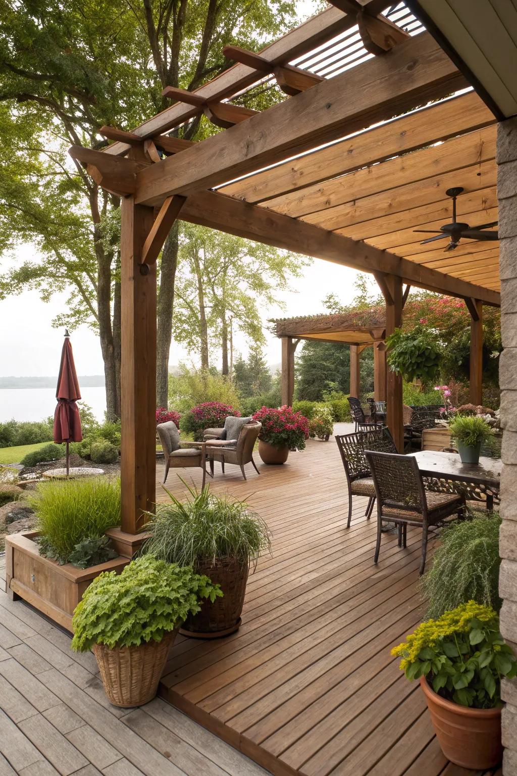 Natural wood beams contribute rustic charm to a patio.