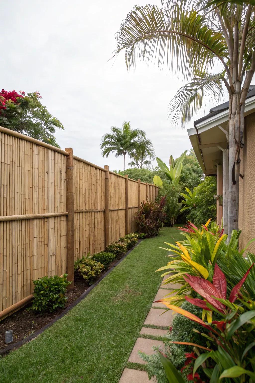 Tall cane fencing provides seclusion with a tropical feel.