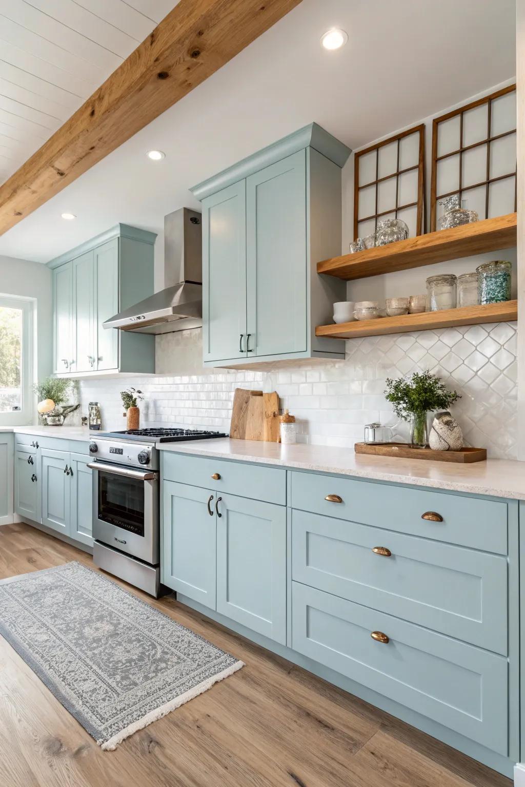 Snug kitchen showcasing soft blue cabinets and wood accents.