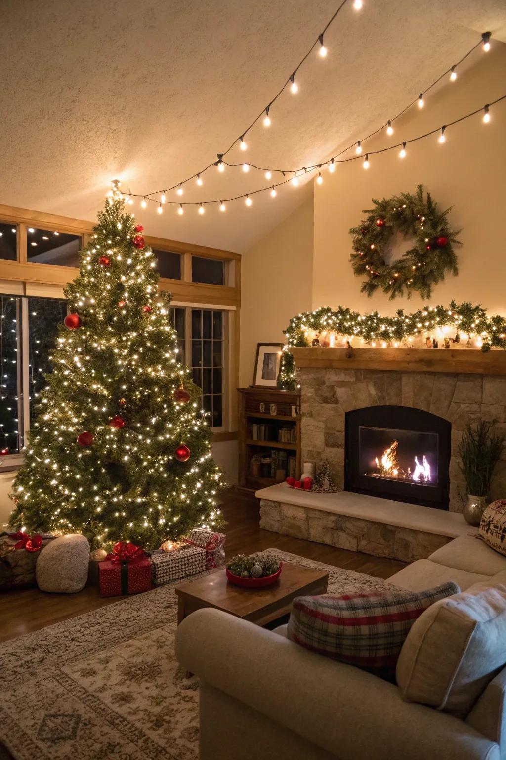 A living room glowing with twinkle lights and festive decor.