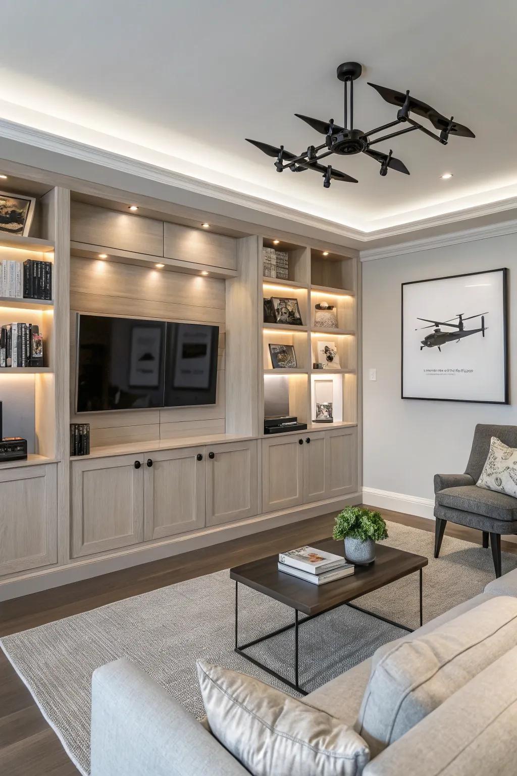 Custom built-in cabinets offer a seamless drone storage solution.