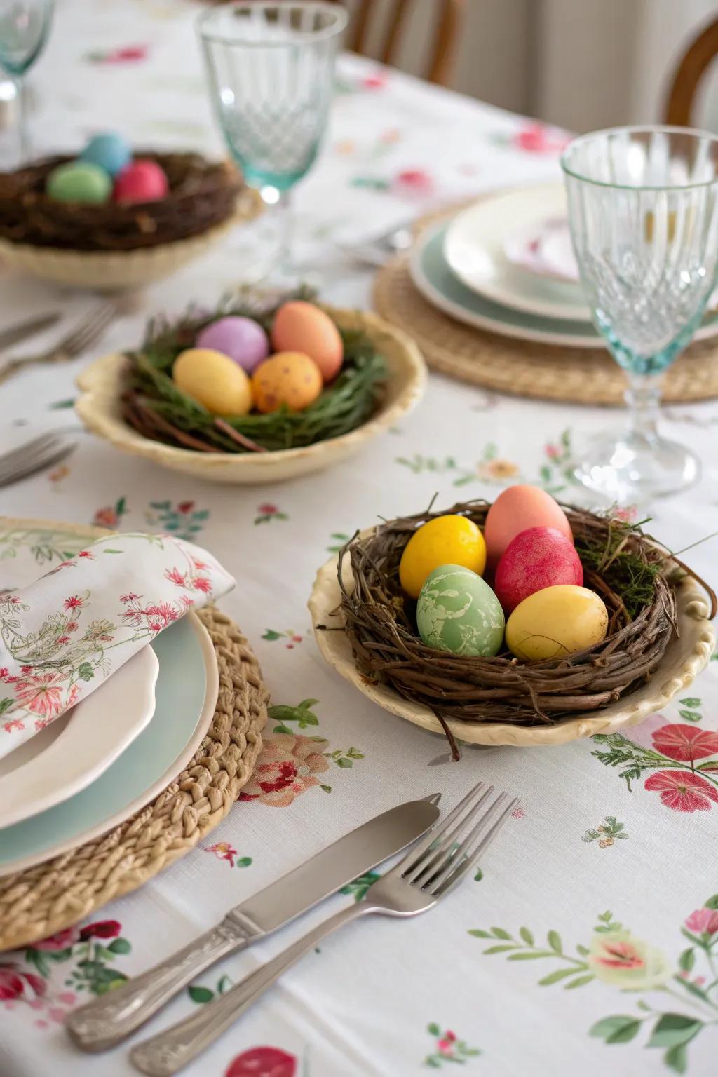 Ornamental shelters with painted eggs make a festive focal point.
