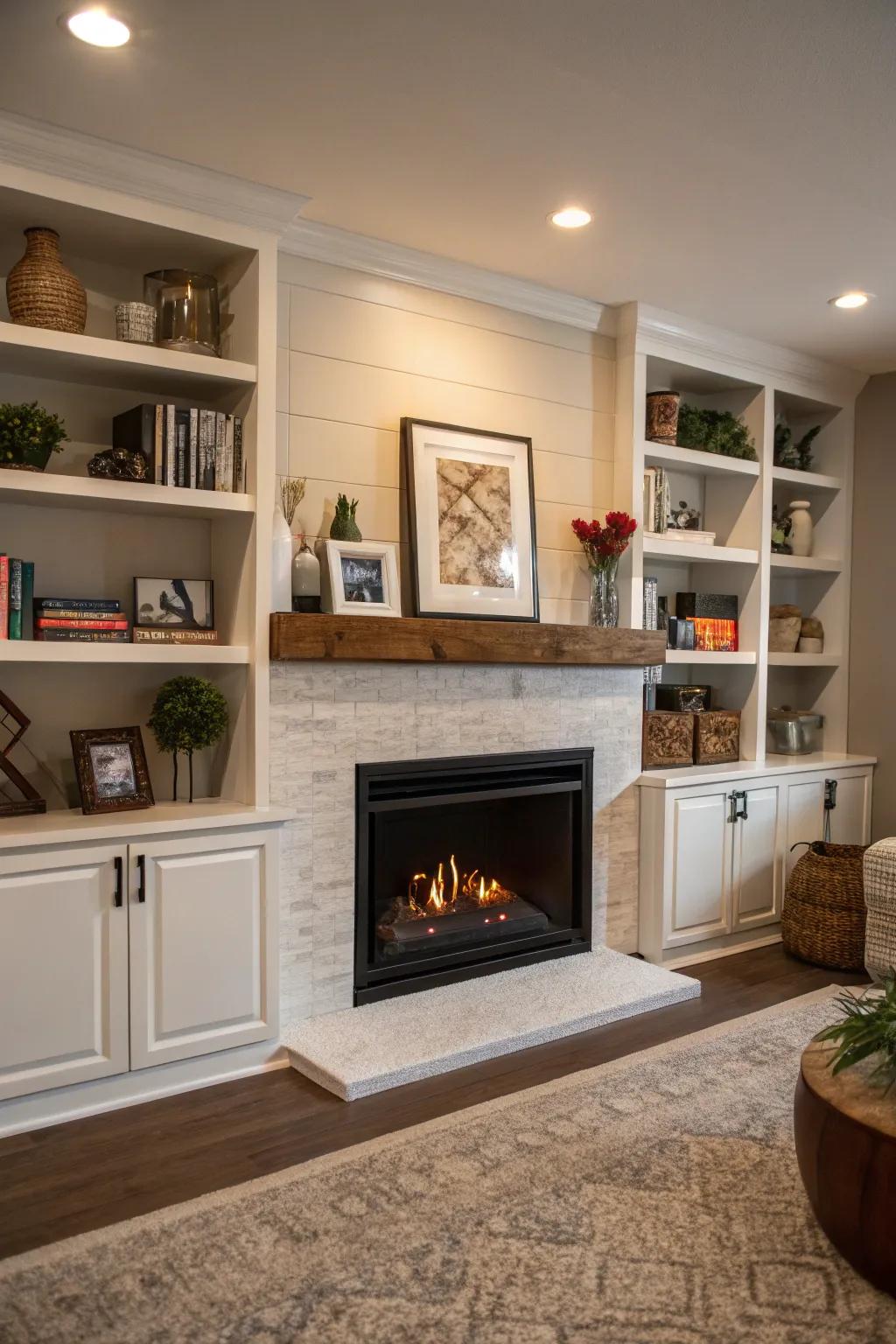A built-in fireplace offering storage and flair.