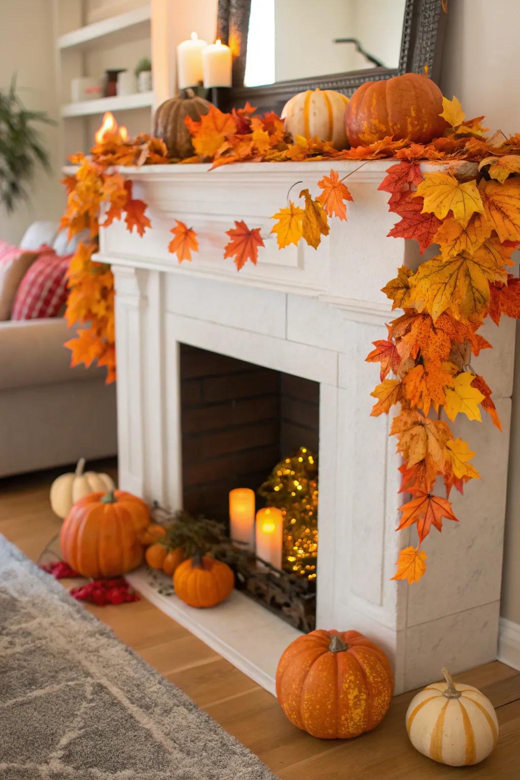 An artificial fireplace decorated in autumn decor for a seasonal touch.