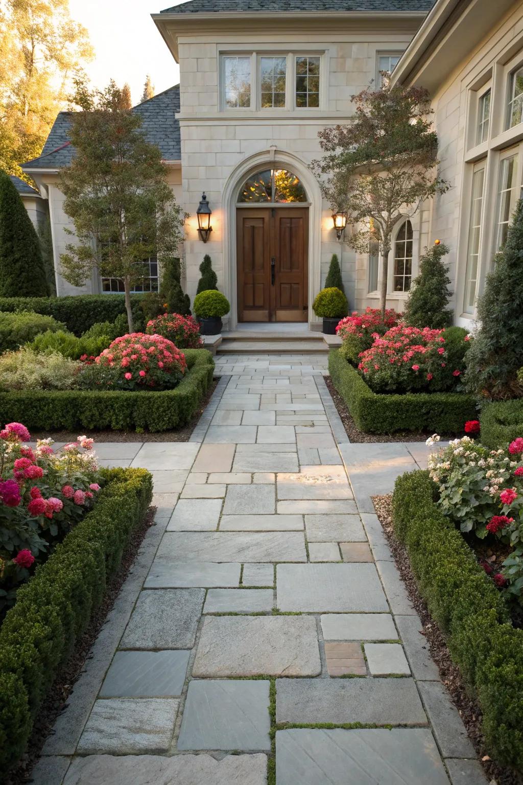 An attractive slate path that leads to a welcoming front entrance.