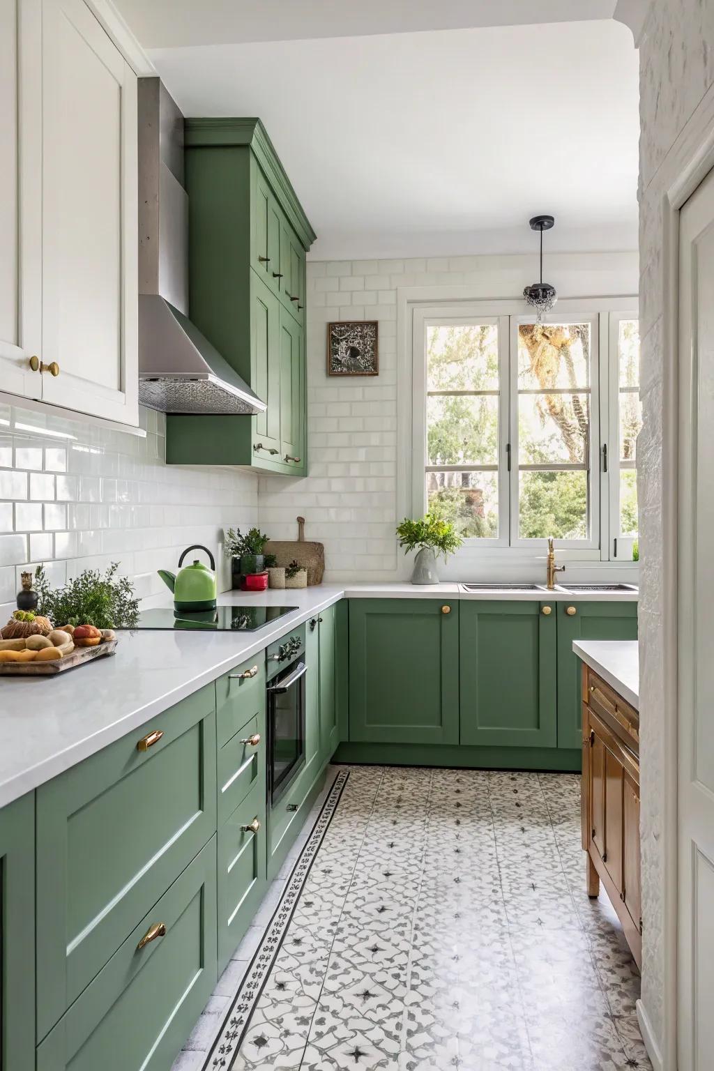 Pristine white walls complementing green cabinets for a revitalized aesthetic.
