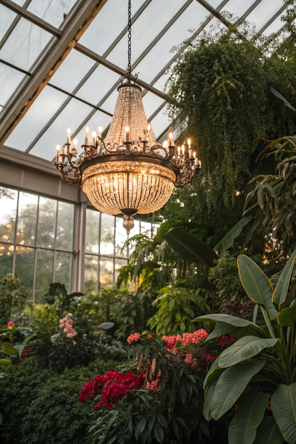 A sophisticated ceiling light provides elegance to a greenhouse setting.