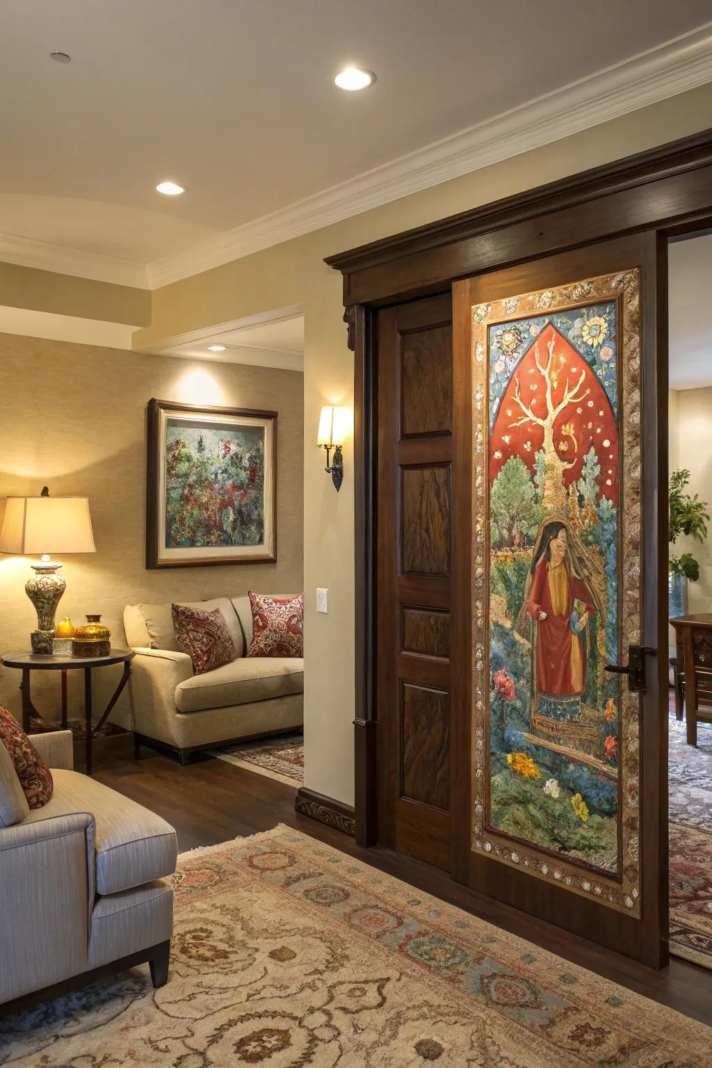 A living area featuring a hidden door concealed behind artwork.