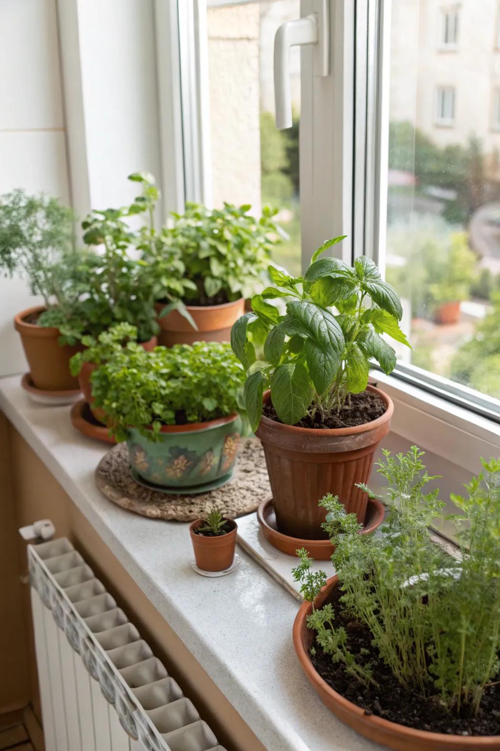 A vibrant kitchen windowsill overflowing with herbs and plants.