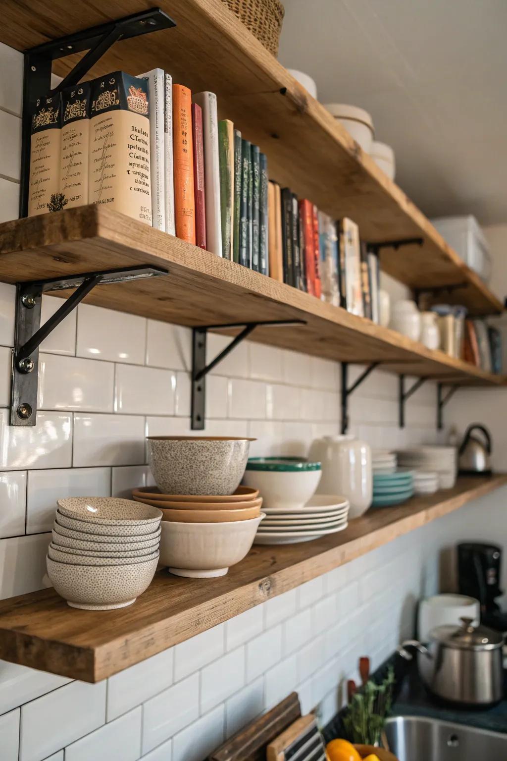Shelves with a mix of materials for a modern aesthetic.