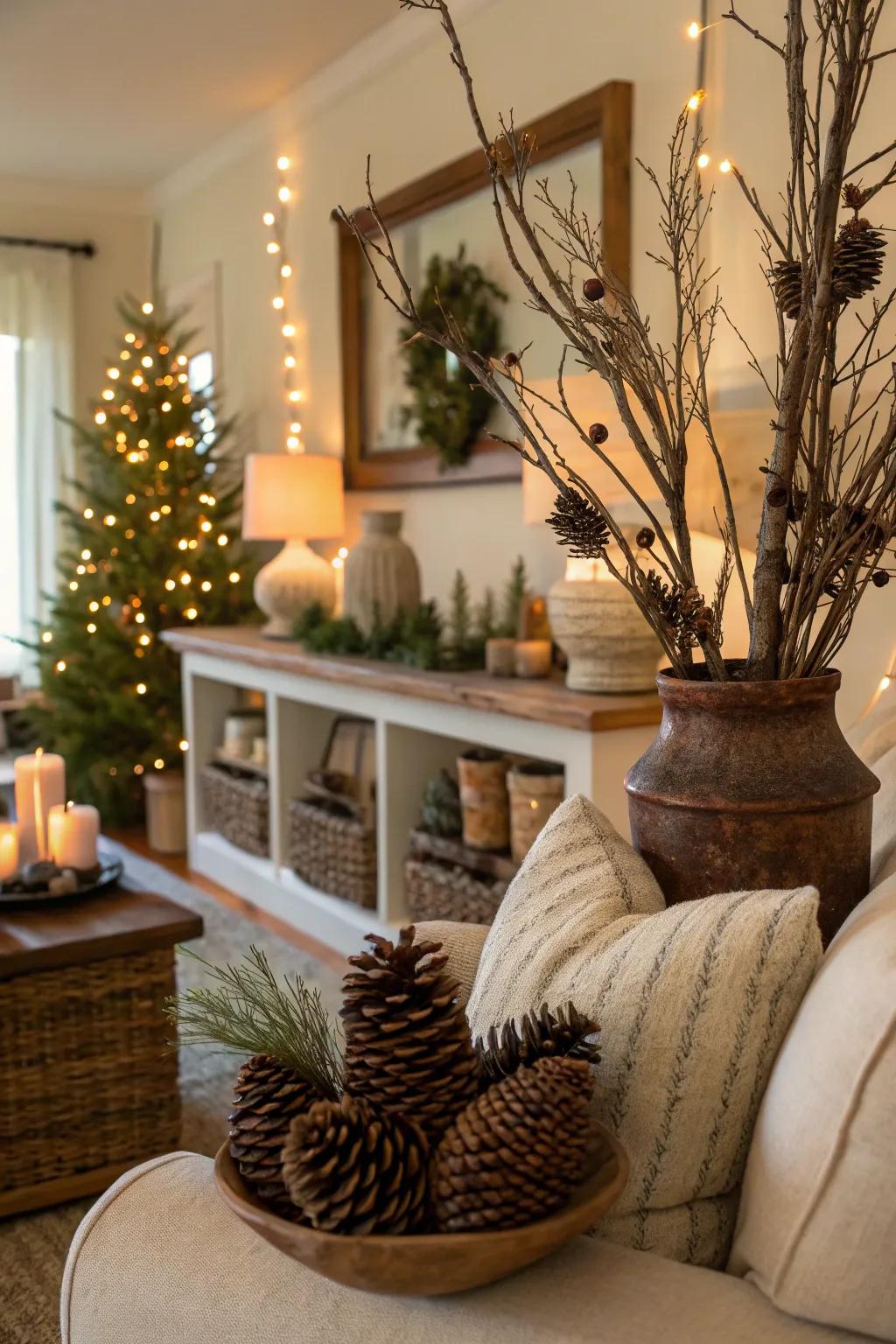 Raw accents like pinecones and woody branches establish a natural autumn ambiance.