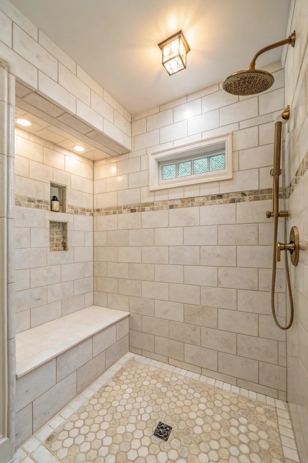 A shower with gentle neutral-toned tiles, creating a soothing and roomy setting.