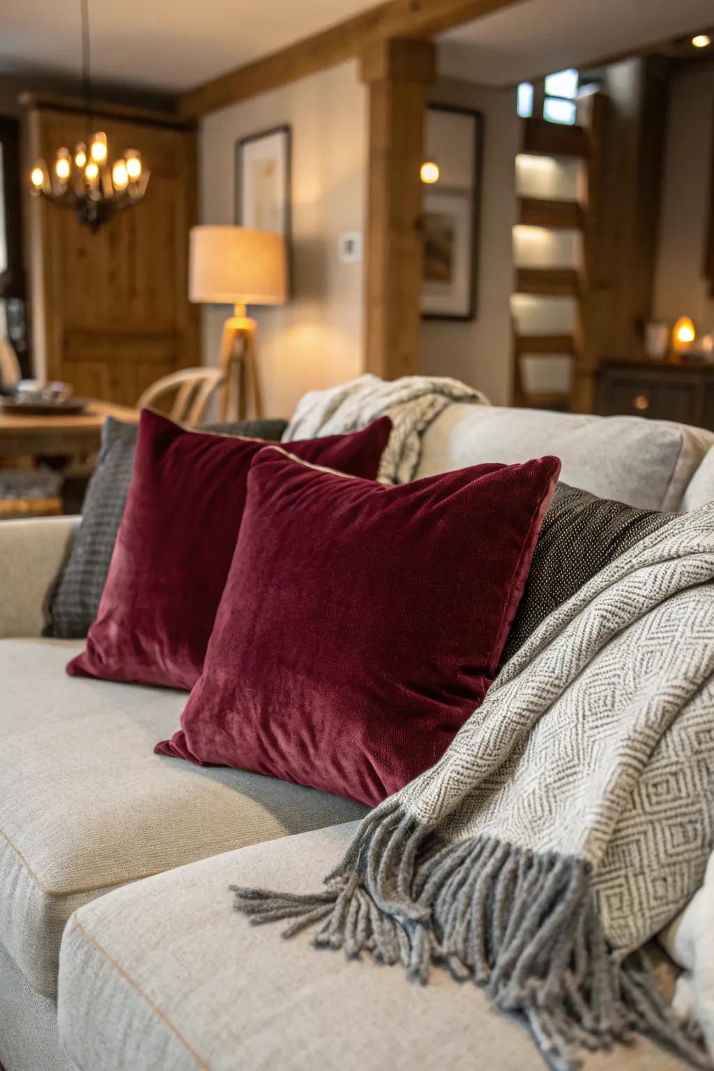 Living room with velvet burgundy pillows and a woolen grey throw.