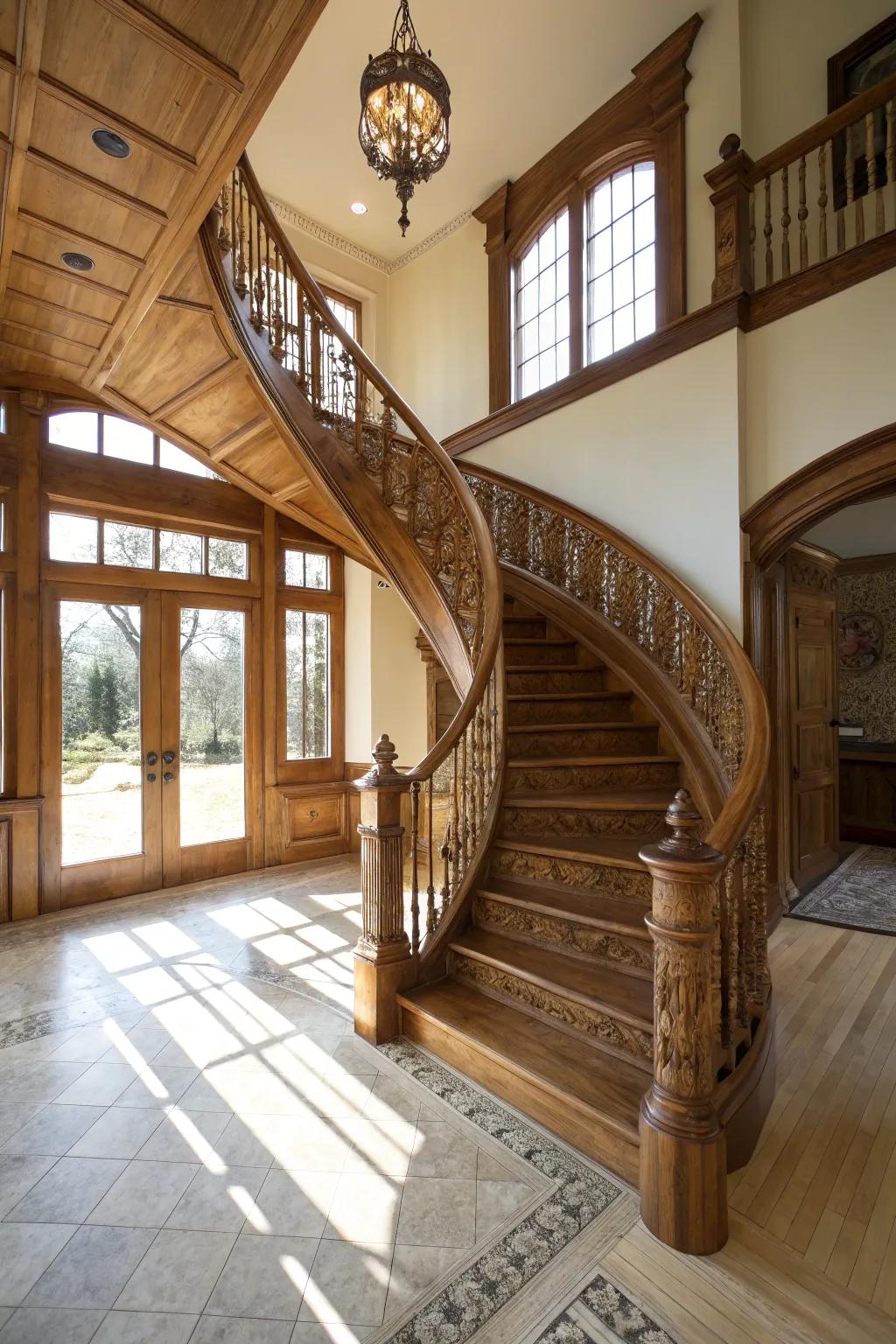 A captivating spiral oak staircase that adds elegance and charm.