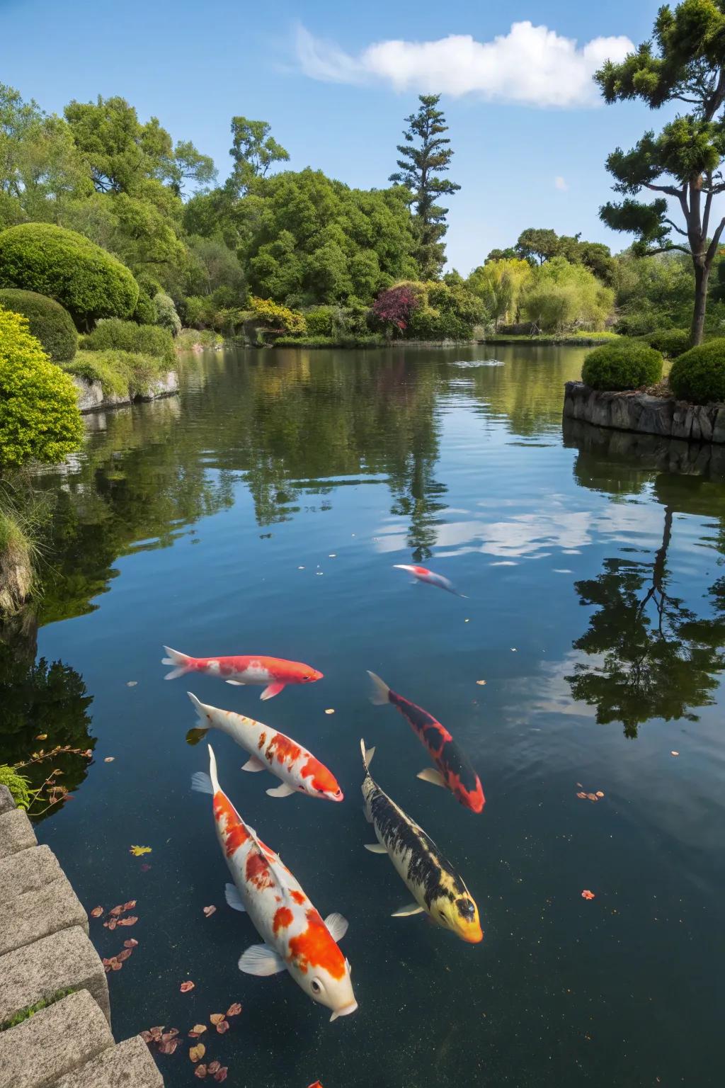 Brilliant koi fish imparting vitality to a serene pond.