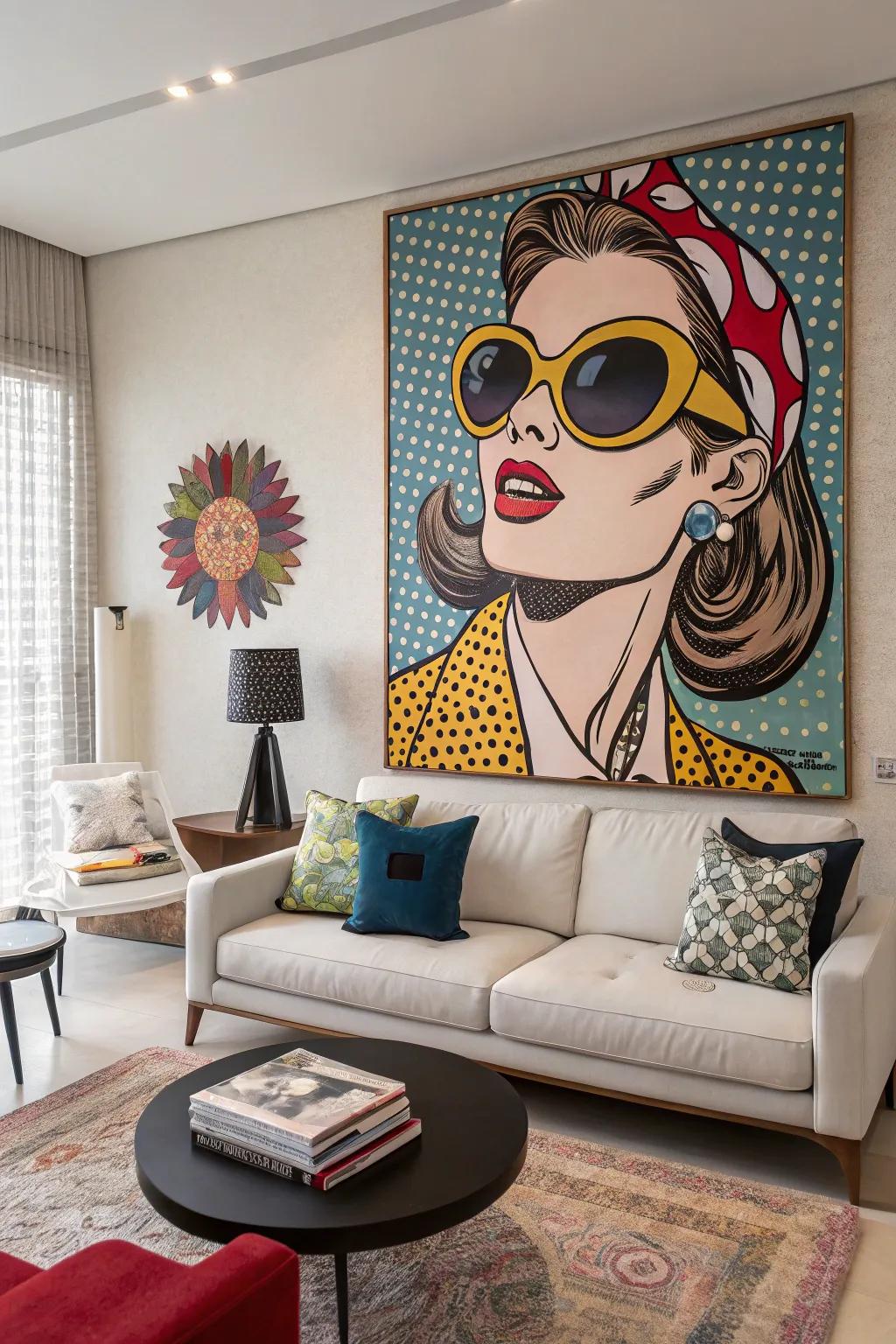 A chic portrait featuring oversized sunglasses in a pop art style.