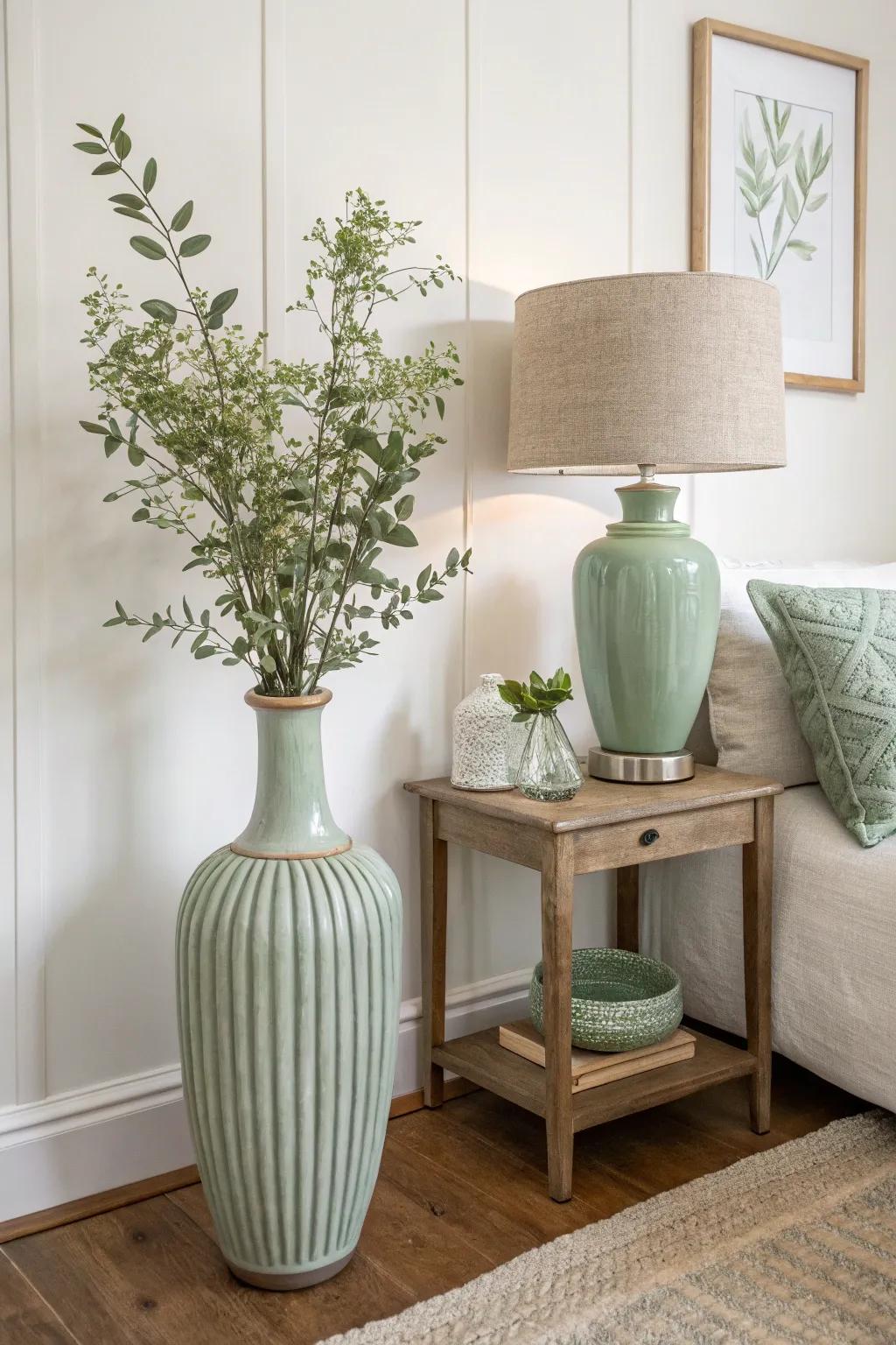 A minimalist space featuring thoughtfully selected sage green highlights.