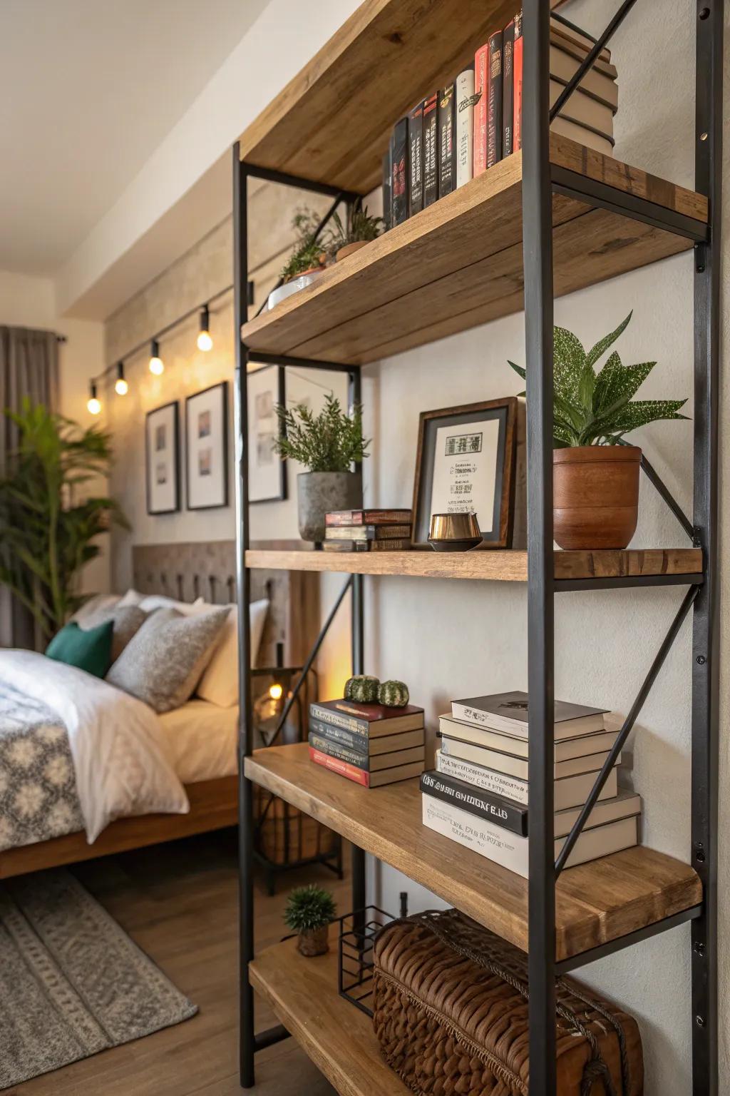 Shelves of mixed material add depth and texture.