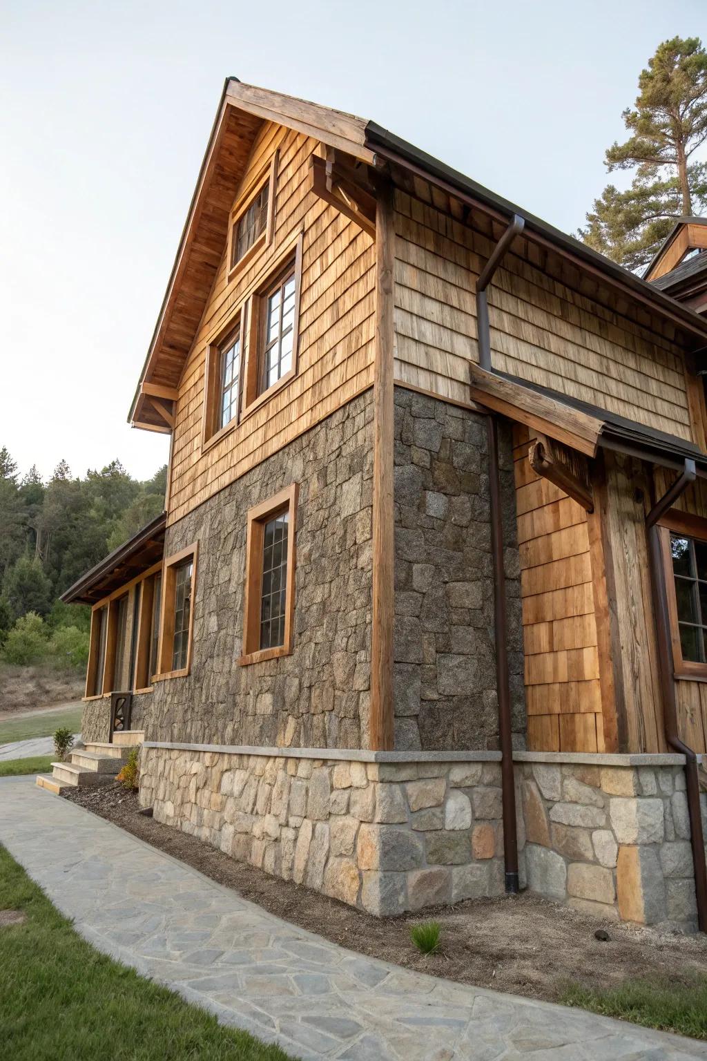 Blending wood and stone siding for an intriguing facade.