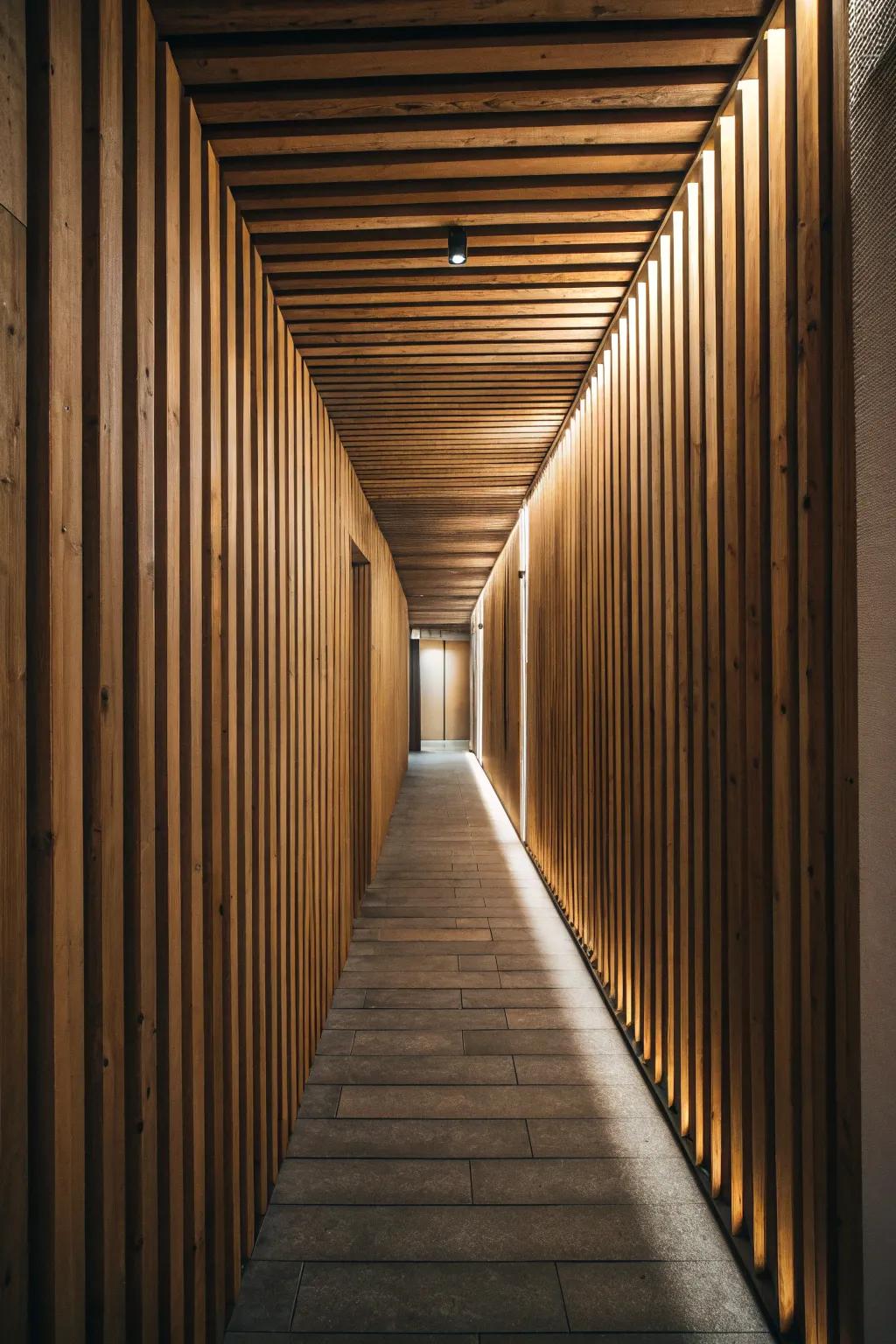 A hallway is improved by vertical wooden planks that visually enhance height.