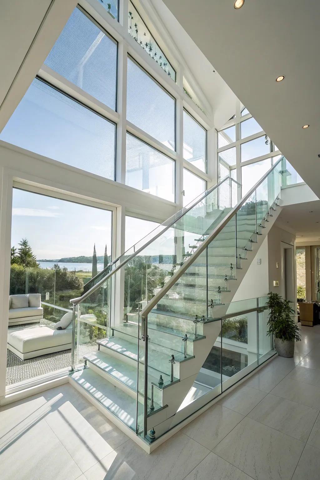 Glass siding permits more light to flow through this graceful staircase.