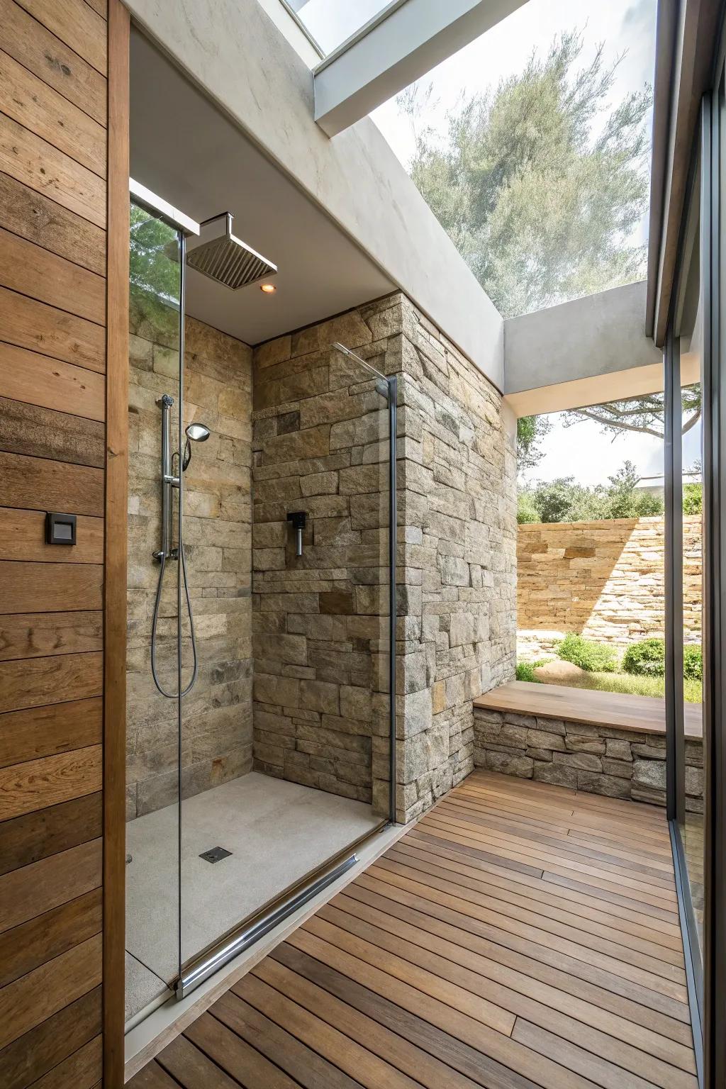 Natural materials give the bathroom a tranquil, organic vibe.