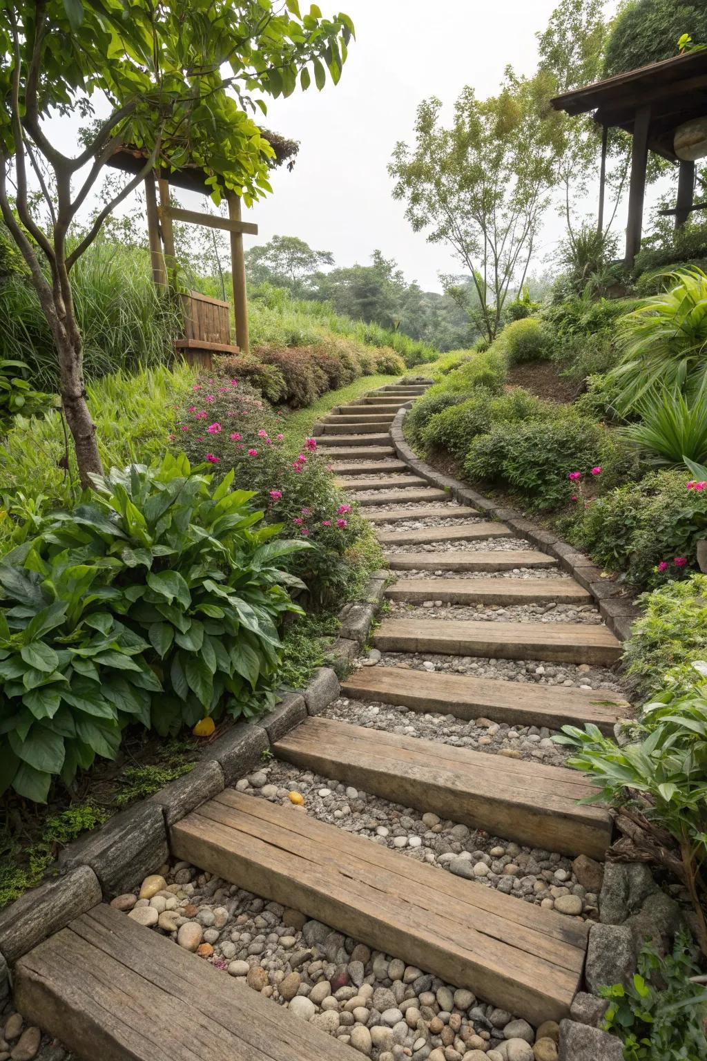 Raised steps contribute a remarkable element to any garden walkway.